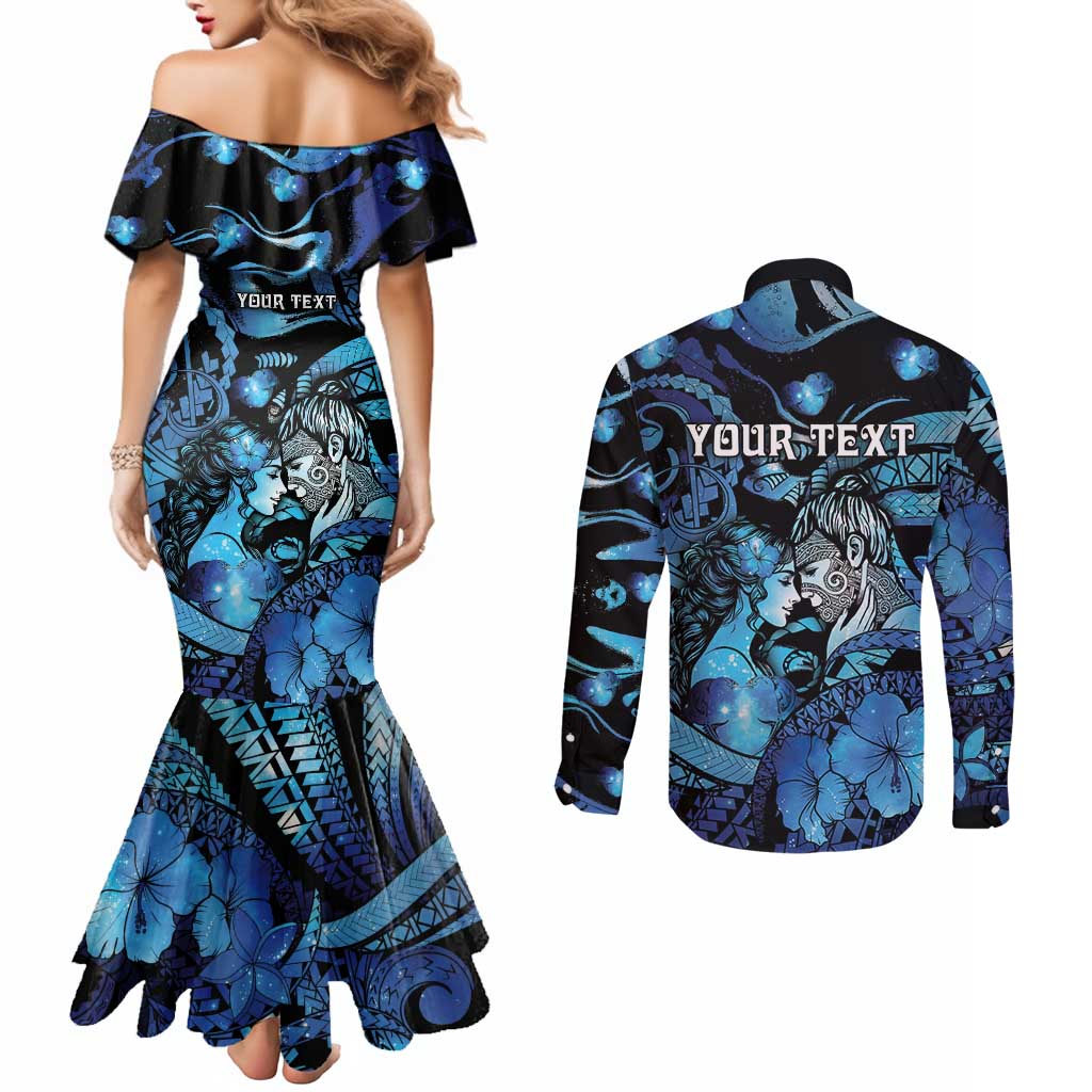 Personalised Maori Romantic Valentine Couples Matching Mermaid Dress and Long Sleeve Button Shirt The Hongi Kiss Blue Galaxy