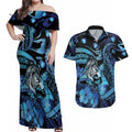 Personalised Maori Romantic Valentine Couples Matching Off Shoulder Maxi Dress and Hawaiian Shirt The Hongi Kiss Blue Galaxy