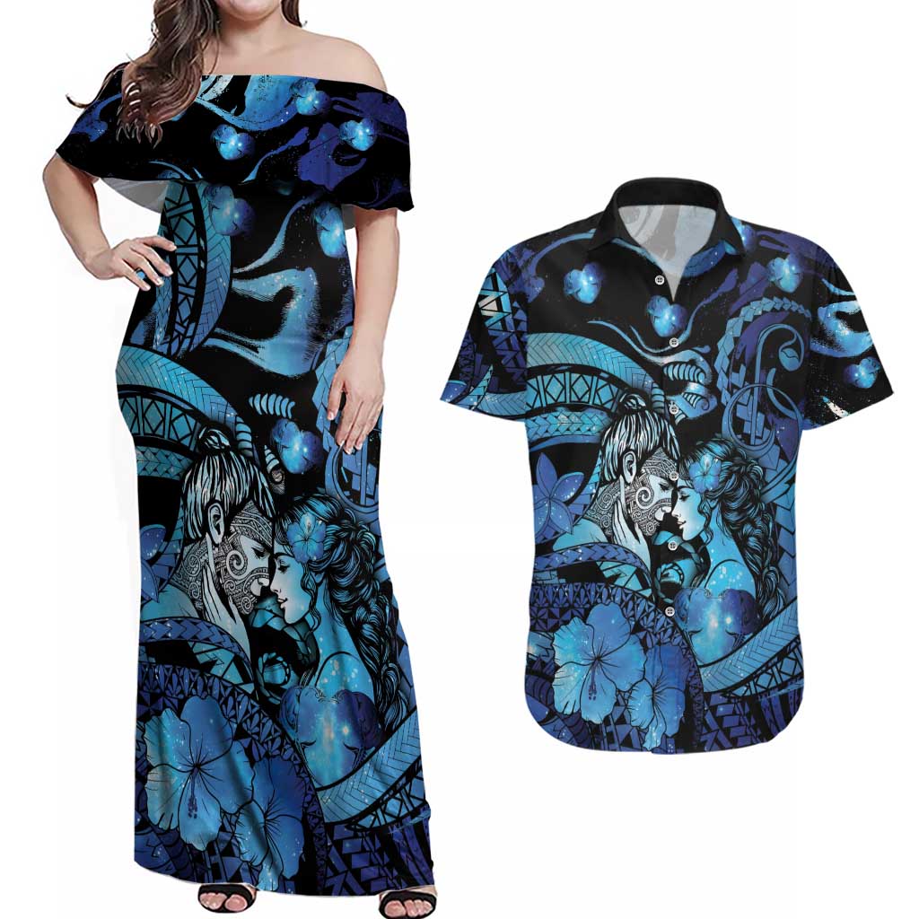 Personalised Maori Romantic Valentine Couples Matching Off Shoulder Maxi Dress and Hawaiian Shirt The Hongi Kiss Blue Galaxy