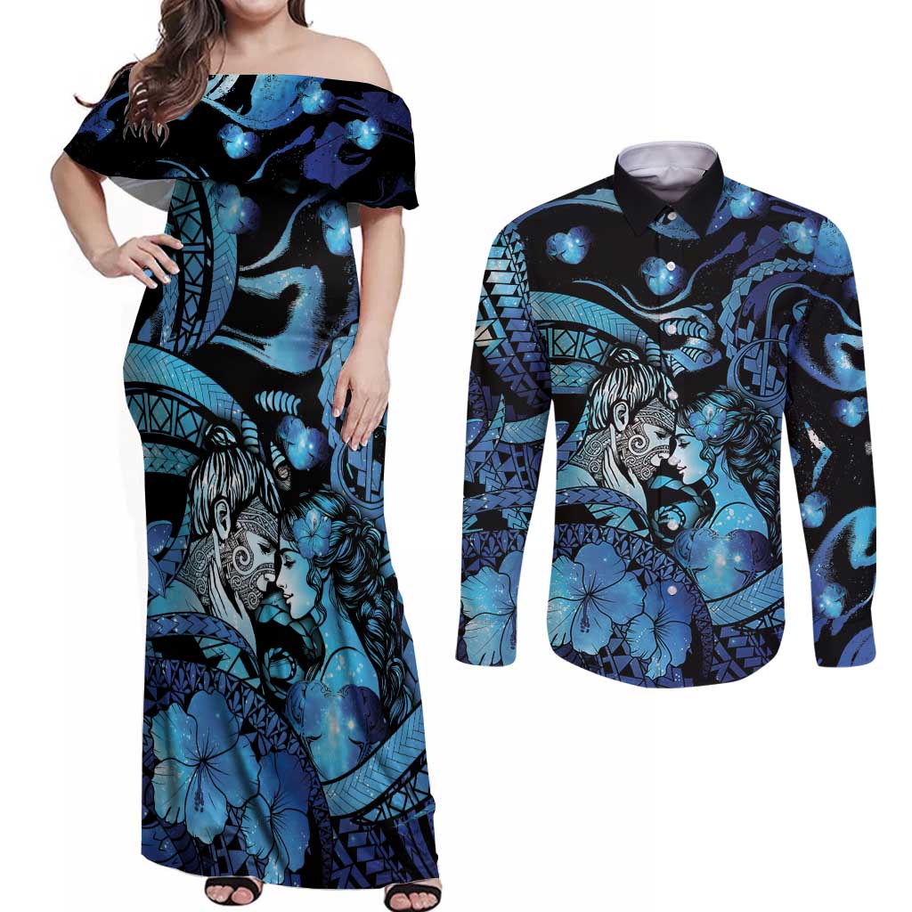 Personalised Maori Romantic Valentine Couples Matching Off Shoulder Maxi Dress and Long Sleeve Button Shirt The Hongi Kiss Blue Galaxy