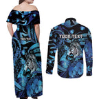 Personalised Maori Romantic Valentine Couples Matching Off Shoulder Maxi Dress and Long Sleeve Button Shirt The Hongi Kiss Blue Galaxy