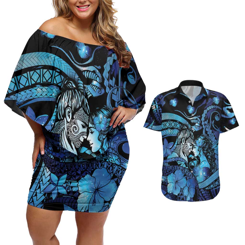 Personalised Maori Romantic Valentine Couples Matching Off Shoulder Short Dress and Hawaiian Shirt The Hongi Kiss Blue Galaxy