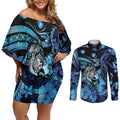 Personalised Maori Romantic Valentine Couples Matching Off Shoulder Short Dress and Long Sleeve Button Shirt The Hongi Kiss Blue Galaxy