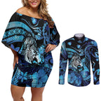 Personalised Maori Romantic Valentine Couples Matching Off Shoulder Short Dress and Long Sleeve Button Shirt The Hongi Kiss Blue Galaxy