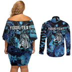 Personalised Maori Romantic Valentine Couples Matching Off Shoulder Short Dress and Long Sleeve Button Shirt The Hongi Kiss Blue Galaxy