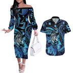 Personalised Maori Romantic Valentine Couples Matching Off The Shoulder Long Sleeve Dress and Hawaiian Shirt The Hongi Kiss Blue Galaxy