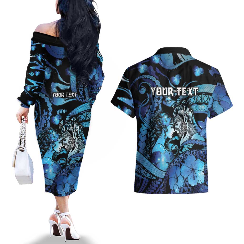 Personalised Maori Romantic Valentine Couples Matching Off The Shoulder Long Sleeve Dress and Hawaiian Shirt The Hongi Kiss Blue Galaxy