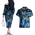 Personalised Maori Romantic Valentine Couples Matching Off The Shoulder Long Sleeve Dress and Hawaiian Shirt The Hongi Kiss Blue Galaxy