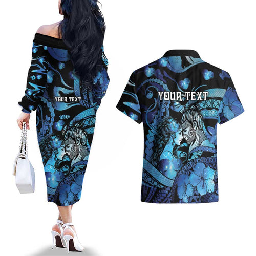 Personalised Maori Romantic Valentine Couples Matching Off The Shoulder Long Sleeve Dress and Hawaiian Shirt The Hongi Kiss Blue Galaxy