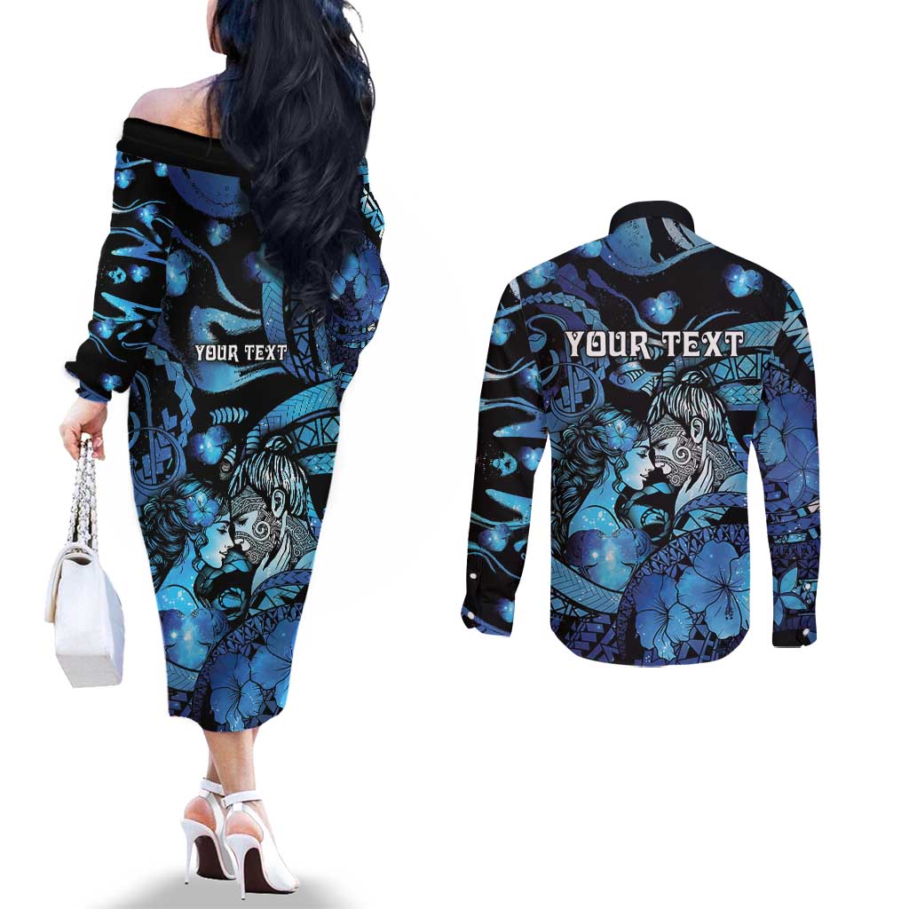 Personalised Maori Romantic Valentine Couples Matching Off The Shoulder Long Sleeve Dress and Long Sleeve Button Shirt The Hongi Kiss Blue Galaxy