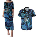 Personalised Maori Romantic Valentine Couples Matching Puletasi and Hawaiian Shirt The Hongi Kiss Blue Galaxy