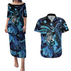 Personalised Maori Romantic Valentine Couples Matching Puletasi and Hawaiian Shirt The Hongi Kiss Blue Galaxy