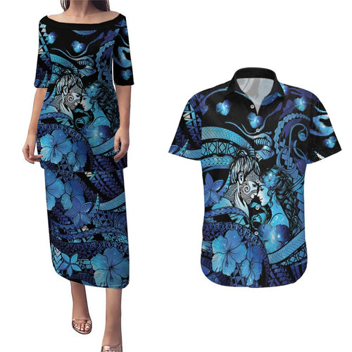 Personalised Maori Romantic Valentine Couples Matching Puletasi and Hawaiian Shirt The Hongi Kiss Blue Galaxy