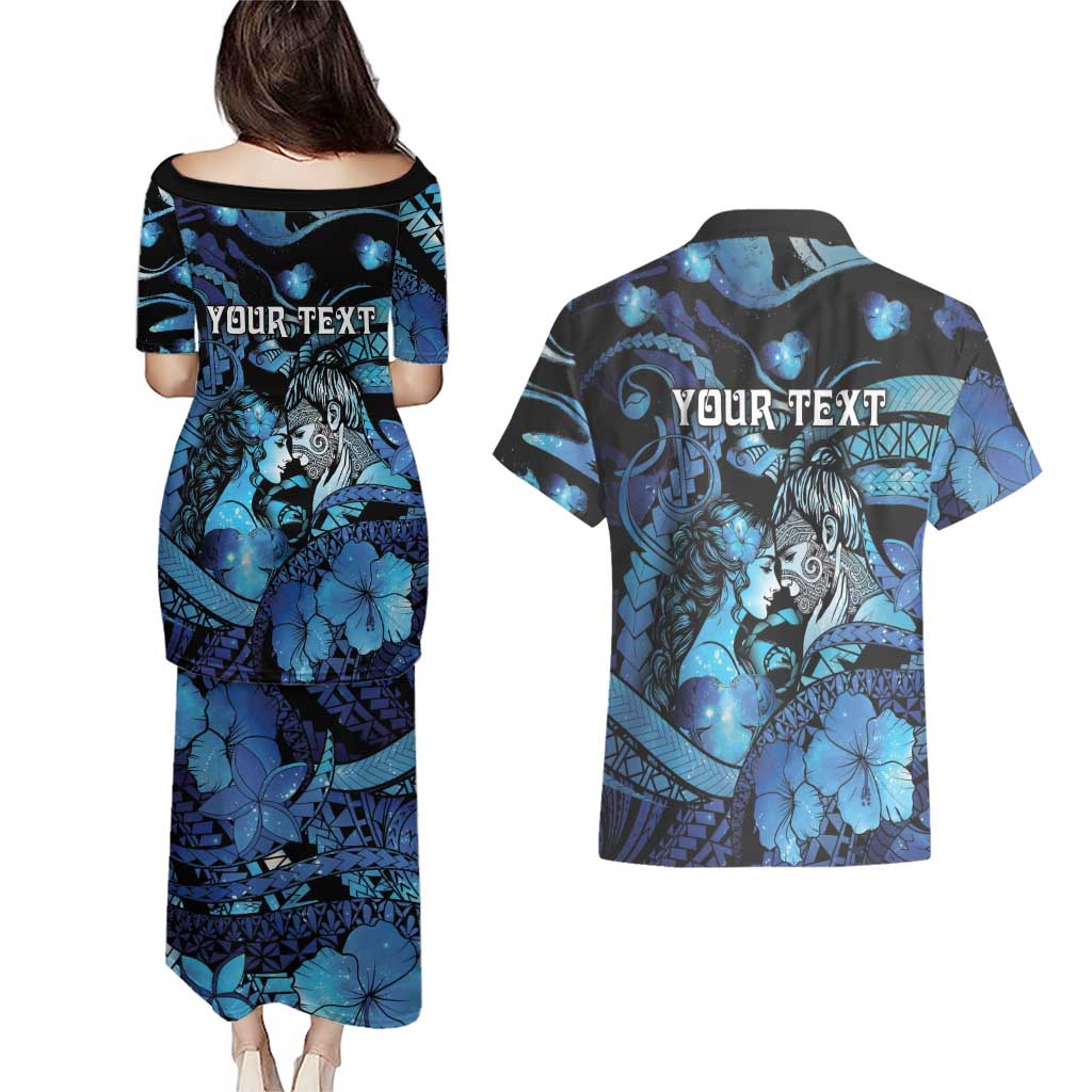 Personalised Maori Romantic Valentine Couples Matching Puletasi and Hawaiian Shirt The Hongi Kiss Blue Galaxy