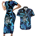 Personalised Maori Romantic Valentine Couples Matching Short Sleeve Bodycon Dress and Hawaiian Shirt The Hongi Kiss Blue Galaxy