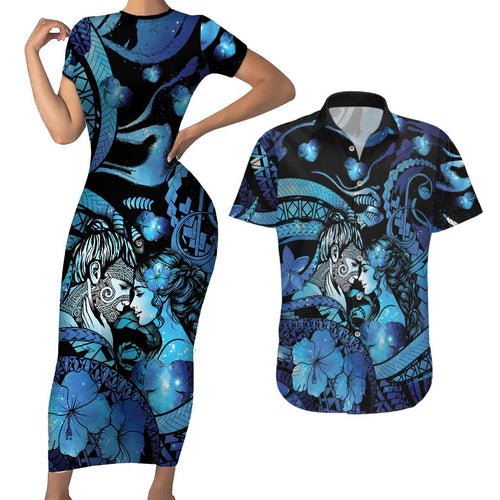 Personalised Maori Romantic Valentine Couples Matching Short Sleeve Bodycon Dress and Hawaiian Shirt The Hongi Kiss Blue Galaxy