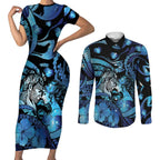 Personalised Maori Romantic Valentine Couples Matching Short Sleeve Bodycon Dress and Long Sleeve Button Shirt The Hongi Kiss Blue Galaxy