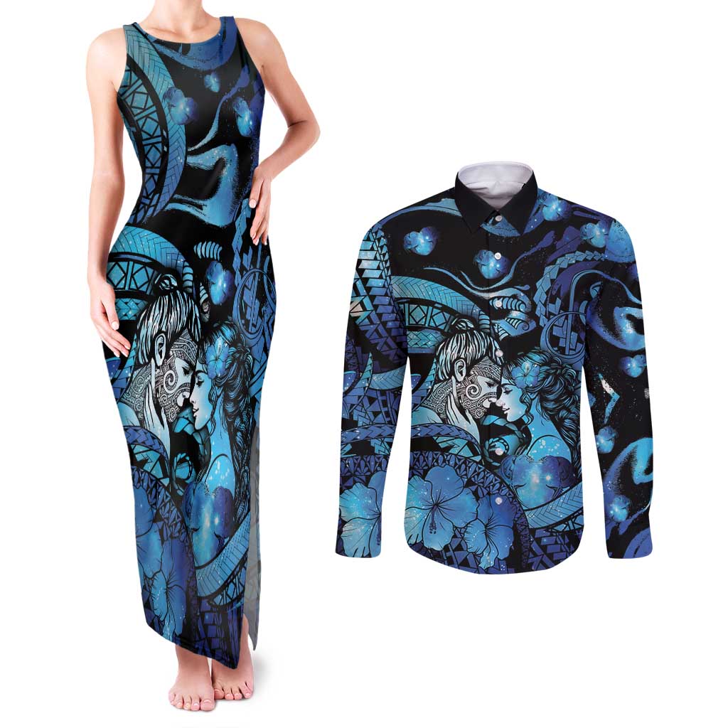 Personalised Maori Romantic Valentine Couples Matching Tank Maxi Dress and Long Sleeve Button Shirt The Hongi Kiss Blue Galaxy