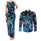 Personalised Maori Romantic Valentine Couples Matching Tank Maxi Dress and Long Sleeve Button Shirt The Hongi Kiss Blue Galaxy