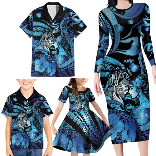 Personalised Maori Romantic Valentine Family Matching Long Sleeve Bodycon Dress and Hawaiian Shirt The Hongi Kiss Blue Galaxy