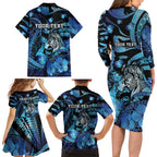 Personalised Maori Romantic Valentine Family Matching Long Sleeve Bodycon Dress and Hawaiian Shirt The Hongi Kiss Blue Galaxy