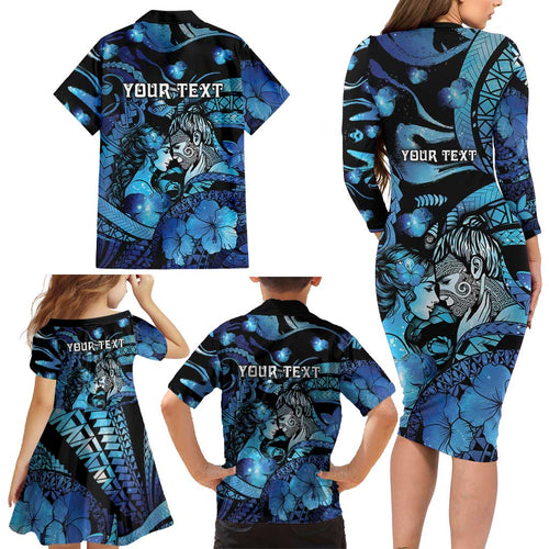 Personalised Maori Romantic Valentine Family Matching Long Sleeve Bodycon Dress and Hawaiian Shirt The Hongi Kiss Blue Galaxy