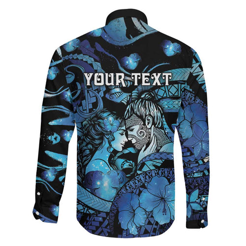Personalised Maori Romantic Valentine Family Matching Long Sleeve Bodycon Dress and Hawaiian Shirt The Hongi Kiss Blue Galaxy
