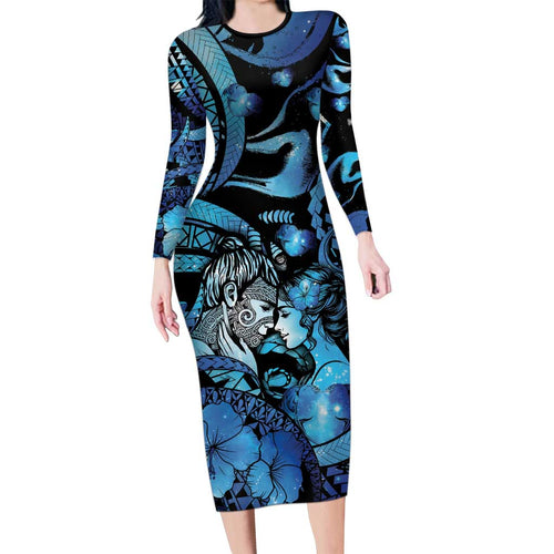 Personalised Maori Romantic Valentine Family Matching Long Sleeve Bodycon Dress and Hawaiian Shirt The Hongi Kiss Blue Galaxy