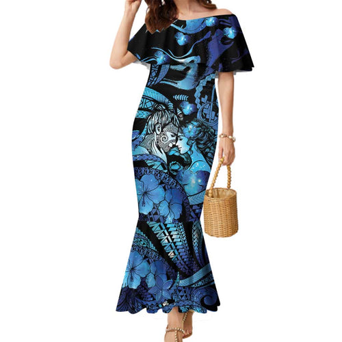 Personalised Maori Romantic Valentine Family Matching Mermaid Dress and Hawaiian Shirt The Hongi Kiss Blue Galaxy