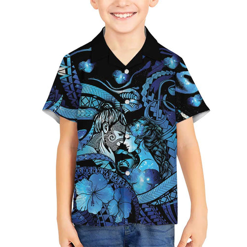 Personalised Maori Romantic Valentine Family Matching Mermaid Dress and Hawaiian Shirt The Hongi Kiss Blue Galaxy