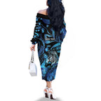 Personalised Maori Romantic Valentine Family Matching Off The Shoulder Long Sleeve Dress and Hawaiian Shirt The Hongi Kiss Blue Galaxy