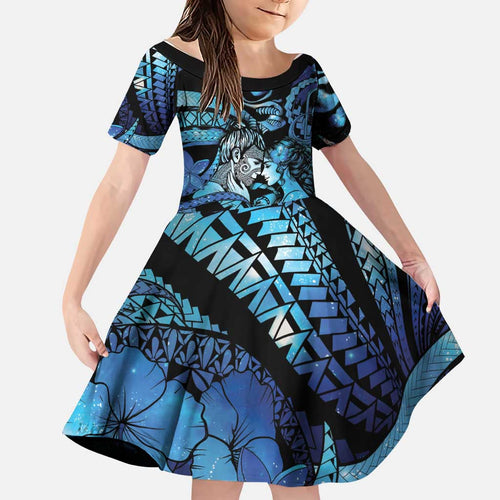 Personalised Maori Romantic Valentine Family Matching Off Shoulder Maxi Dress and Hawaiian Shirt The Hongi Kiss Blue Galaxy