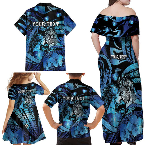 Personalised Maori Romantic Valentine Family Matching Off Shoulder Maxi Dress and Hawaiian Shirt The Hongi Kiss Blue Galaxy