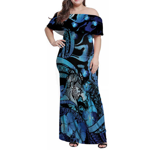 Personalised Maori Romantic Valentine Family Matching Off Shoulder Maxi Dress and Hawaiian Shirt The Hongi Kiss Blue Galaxy