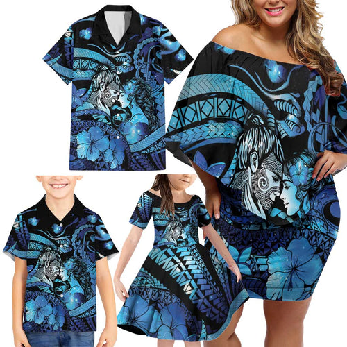 Personalised Maori Romantic Valentine Family Matching Off Shoulder Short Dress and Hawaiian Shirt The Hongi Kiss Blue Galaxy