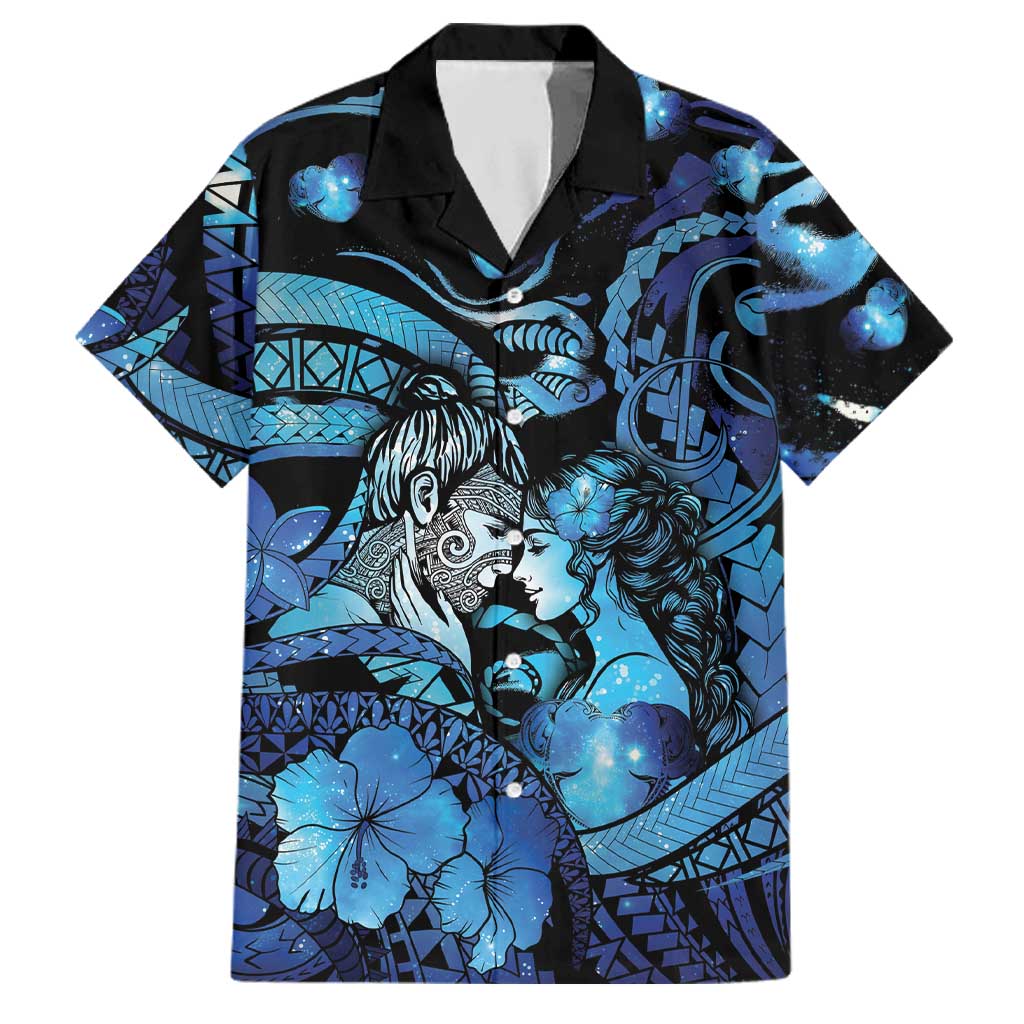 Personalised Maori Romantic Valentine Family Matching Off Shoulder Short Dress and Hawaiian Shirt The Hongi Kiss Blue Galaxy