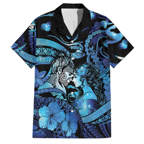 Personalised Maori Romantic Valentine Family Matching Off Shoulder Short Dress and Hawaiian Shirt The Hongi Kiss Blue Galaxy