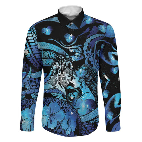 Personalised Maori Romantic Valentine Family Matching Off Shoulder Short Dress and Hawaiian Shirt The Hongi Kiss Blue Galaxy