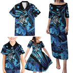 Personalised Maori Romantic Valentine Family Matching Puletasi and Hawaiian Shirt The Hongi Kiss Blue Galaxy