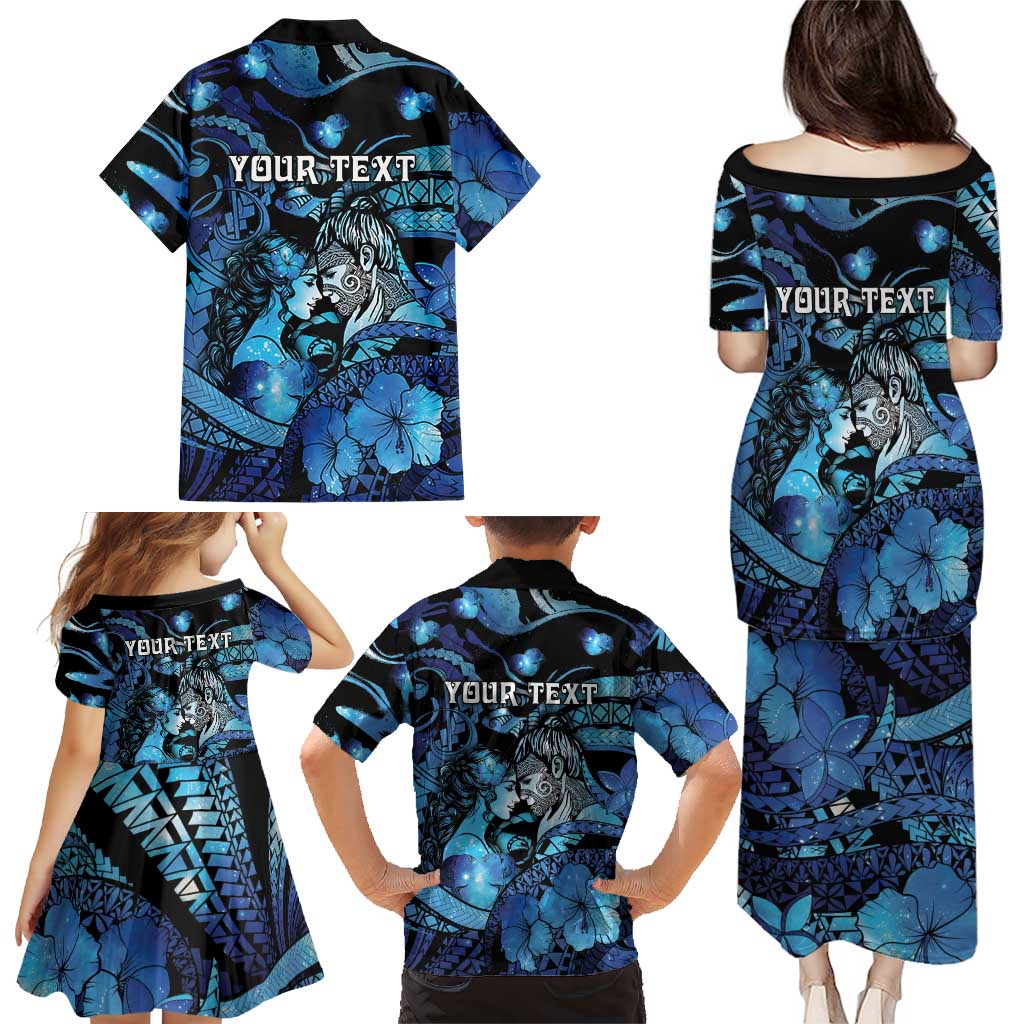 Personalised Maori Romantic Valentine Family Matching Puletasi and Hawaiian Shirt The Hongi Kiss Blue Galaxy