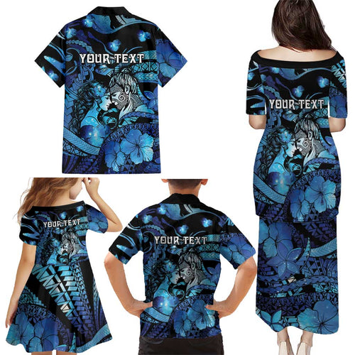 Personalised Maori Romantic Valentine Family Matching Puletasi and Hawaiian Shirt The Hongi Kiss Blue Galaxy