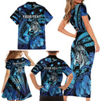 Personalised Maori Romantic Valentine Family Matching Short Sleeve Bodycon Dress and Hawaiian Shirt The Hongi Kiss Blue Galaxy