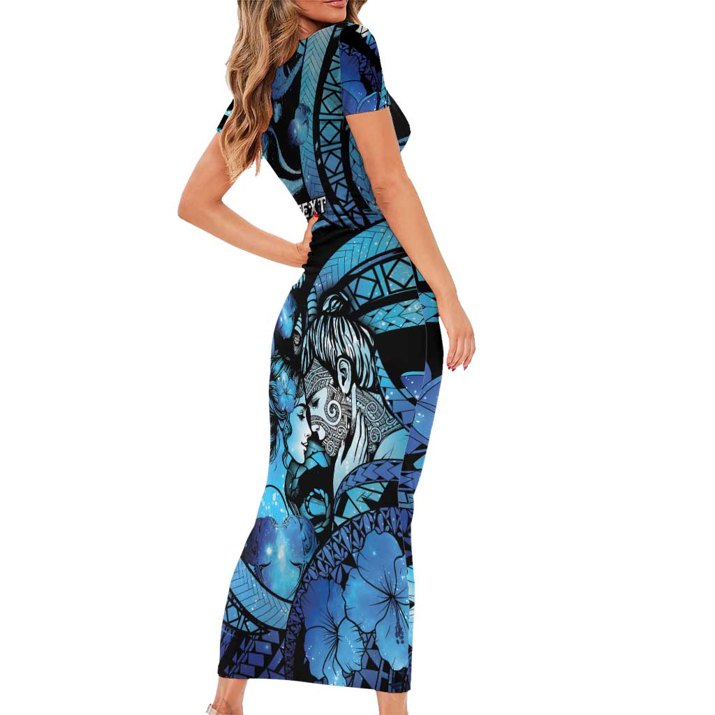Personalised Maori Romantic Valentine Family Matching Short Sleeve Bodycon Dress and Hawaiian Shirt The Hongi Kiss Blue Galaxy
