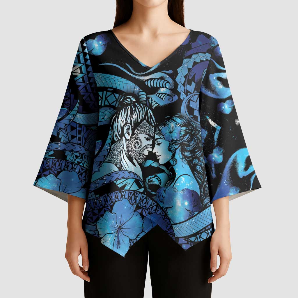 Personalised Maori Romantic Valentine Kimono Sleeve Blouse The Hongi Kiss Blue Galaxy