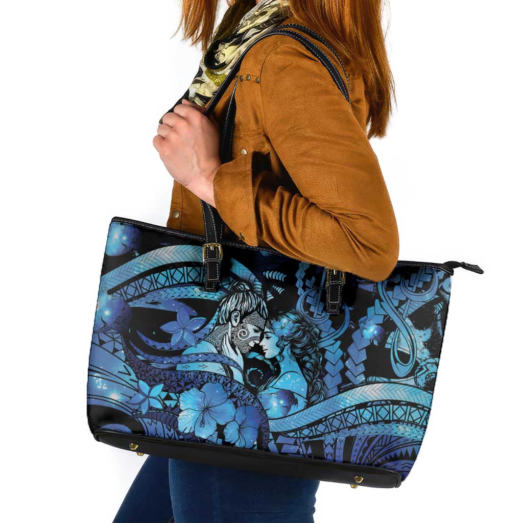 Maori Romantic Valentine Leather Tote Bag The Hongi Kiss Blue Galaxy