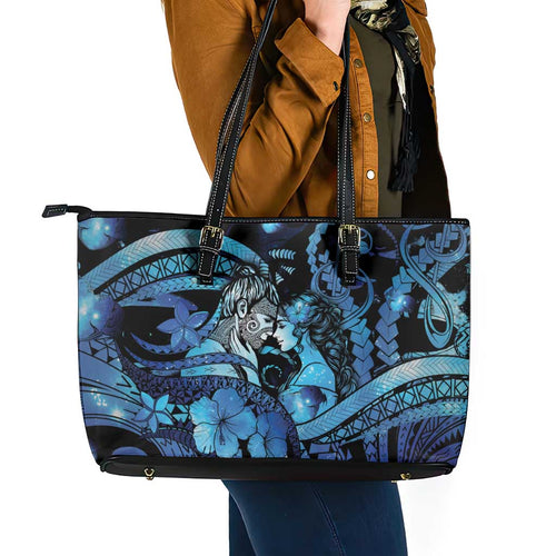 Maori Romantic Valentine Leather Tote Bag The Hongi Kiss Blue Galaxy