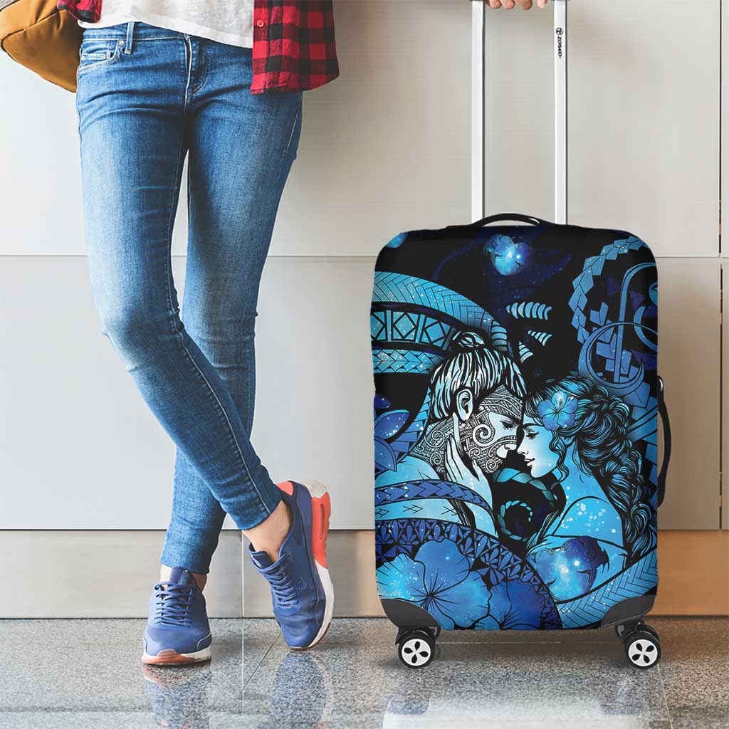 Maori Romantic Valentine Luggage Cover The Hongi Kiss Blue Galaxy