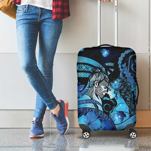 Maori Romantic Valentine Luggage Cover The Hongi Kiss Blue Galaxy