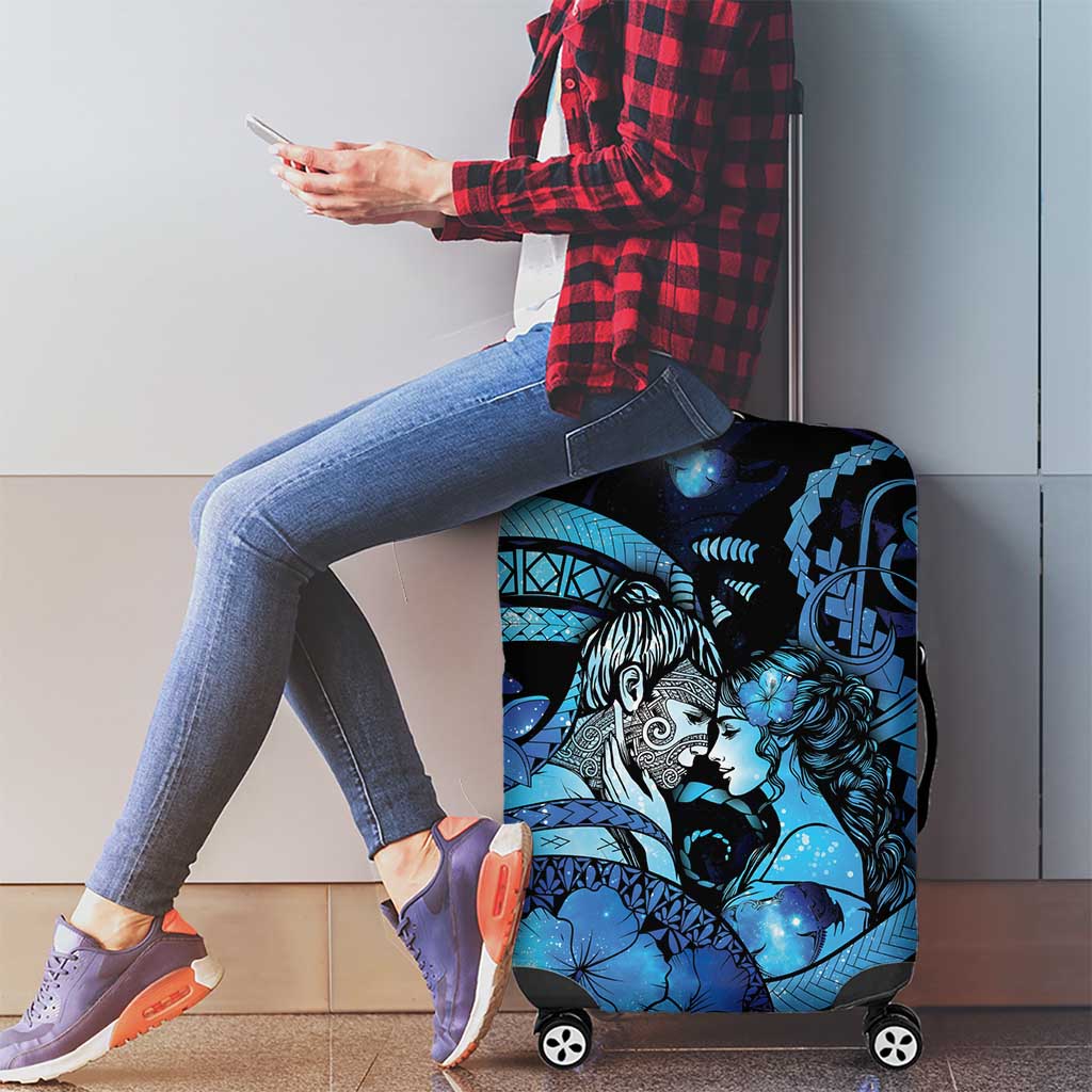 Maori Romantic Valentine Luggage Cover The Hongi Kiss Blue Galaxy