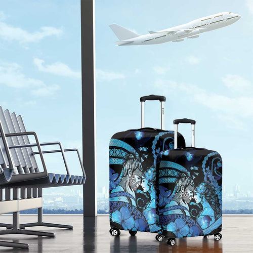 Maori Romantic Valentine Luggage Cover The Hongi Kiss Blue Galaxy
